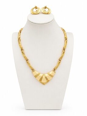 Vintage Cream Enamel & Gold Tone Necklace and Clip-On Earring Set Mid Century